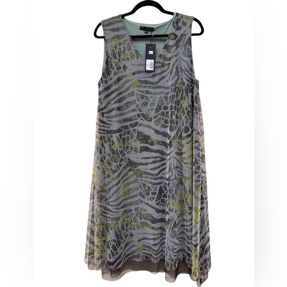 Kozan Dresses & Skirts - Kozan Zebra Print Midi Sheer Mesh Overlay Dress Size Medium Muted Gray Green NWT